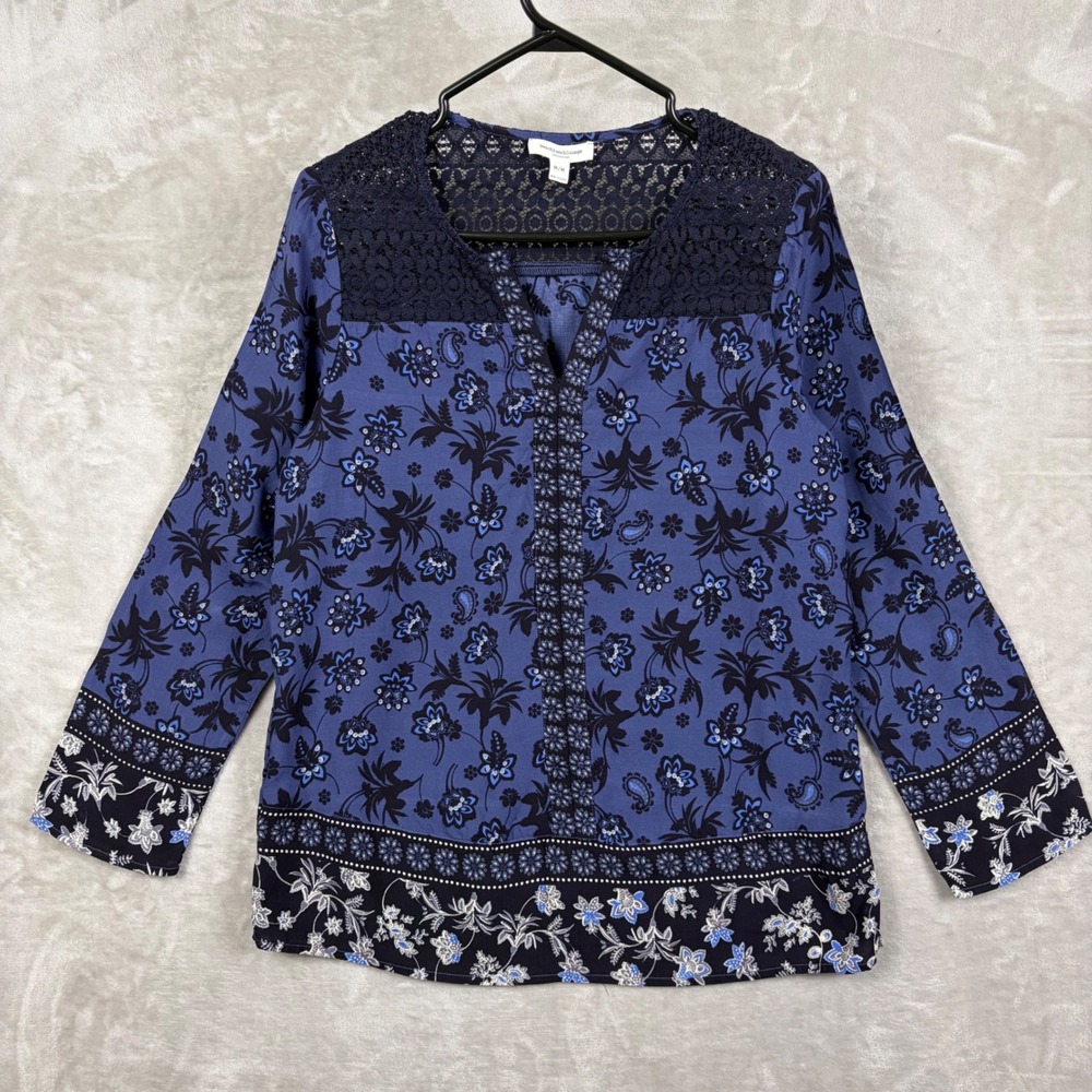 BeachLunchLounge Blue Floral Crochet Lace Yoke Boho Blouse Top Womens M Retro